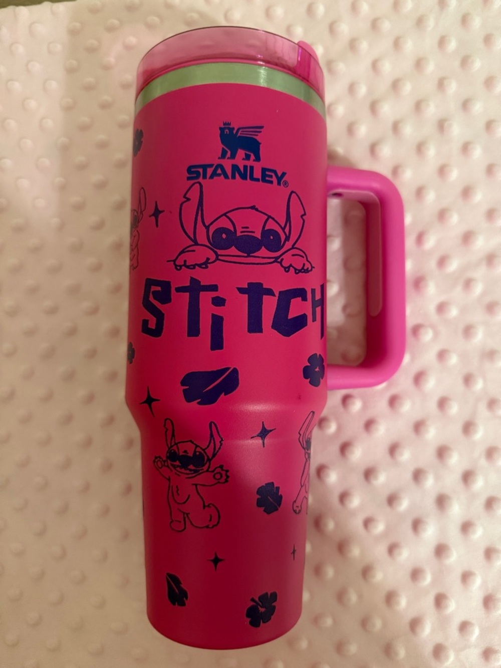 NWOT - Stanley Pink Travel Tumbler with Navy Stitch Artwork